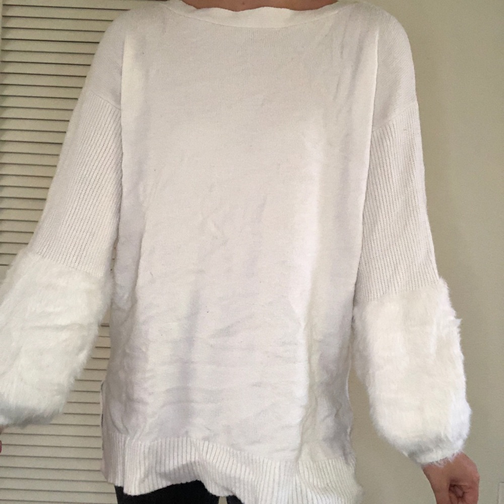 Boat neck sweater with fuzzy sleeve